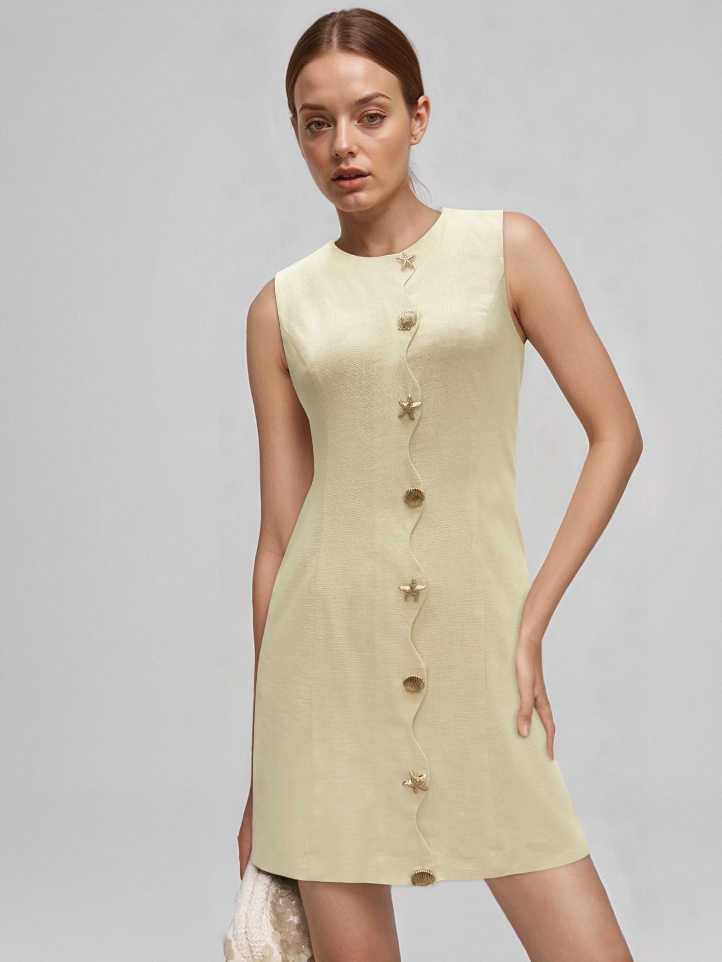 Flowering Girl Women Pale Yellow Sleeveless Round Neck Star Shell Button Straight Mini Dress