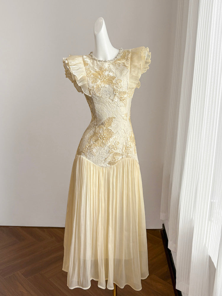 Cream Lace Floral Embroidered Maxi Dress With Ruffled Sleeves
