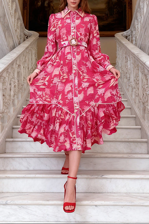 Flowering Girl Women Phoenix Red Floral Print Maxi Dress With Belt