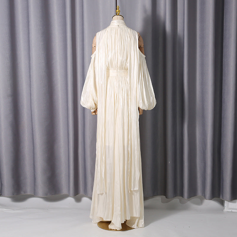 Ashley Apricot Off Shoulder Pleated Puff Sleeve Maxi Dress