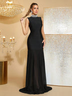 Amy Mesh Stitching Diamond High Collar Bandage Maxi Dress In Black