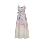 Pastel Floral Print Spaghetti Strap Midi Dress with 3D Flower Appliqués