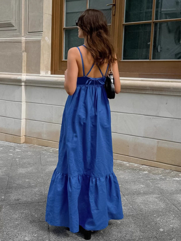 Flowering Girl Women Blue V-neck camisole linen A-line maxi dress