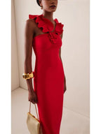 Flowering Girl Women floral ruffle trim halter midi dress in red