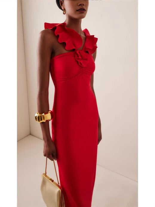 Flowering Girl Women floral ruffle trim halter midi dress in red