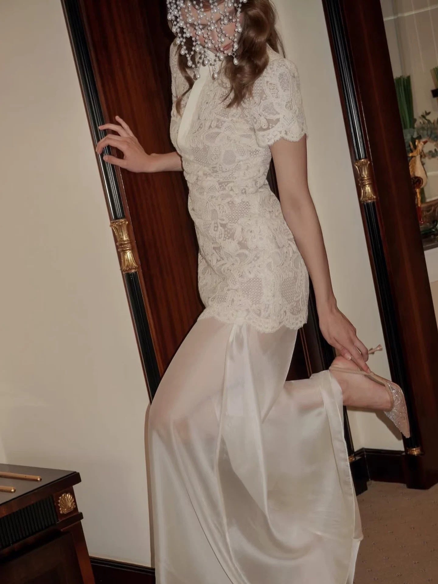 Beige Lace Overlay Collared Maxi Dress with Organza Skirt