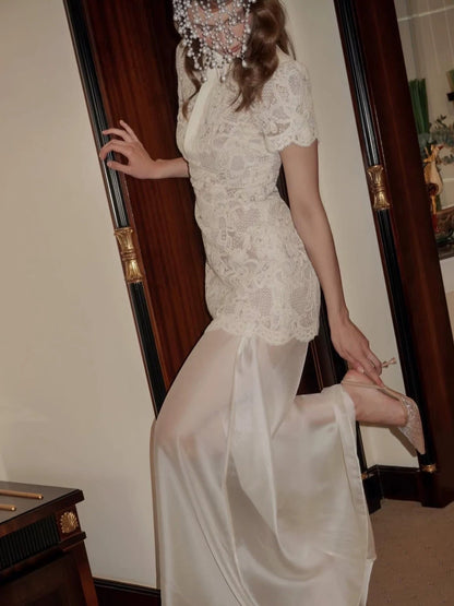 Beige Lace Overlay Collared Maxi Dress with Organza Skirt