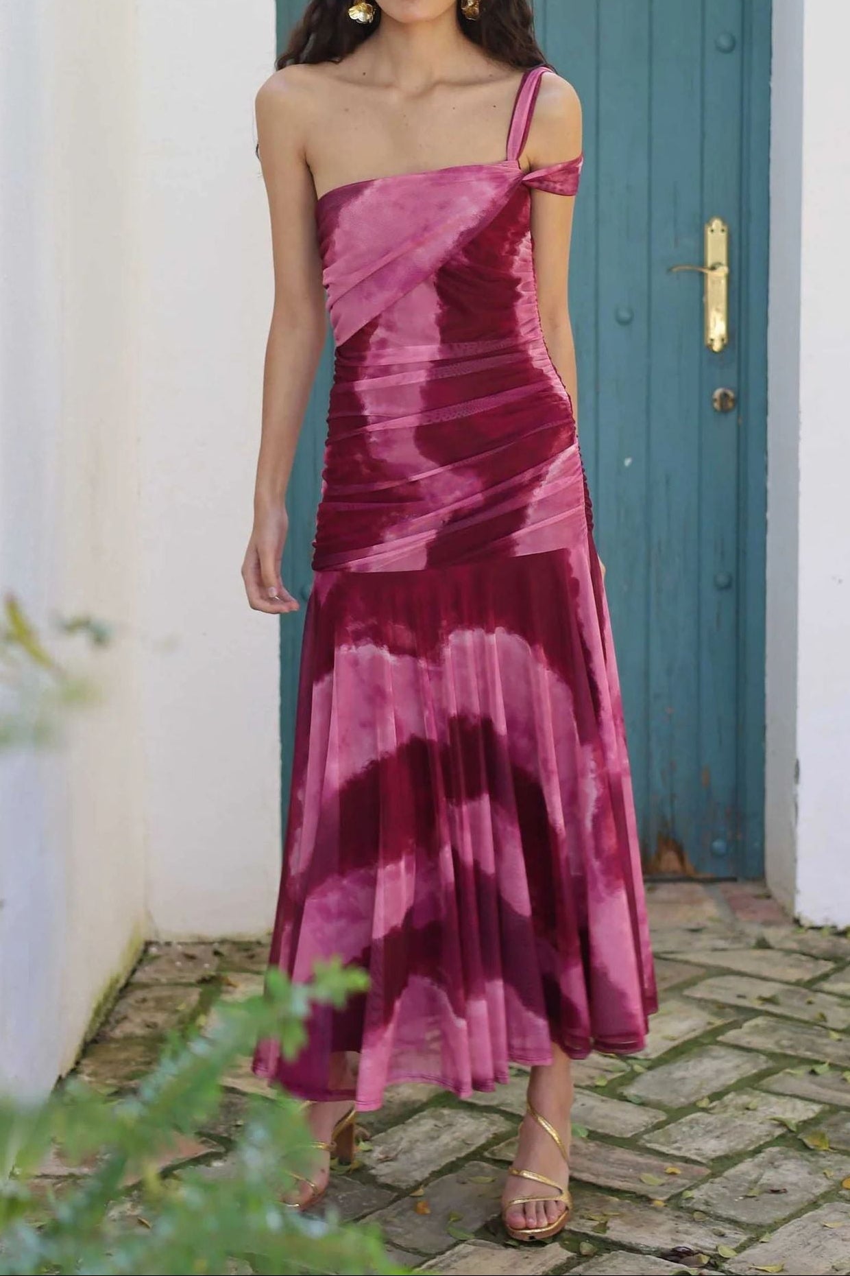 Flowering Girl Women Tie-Dye Off-Shoulder Ruched Midi Dress