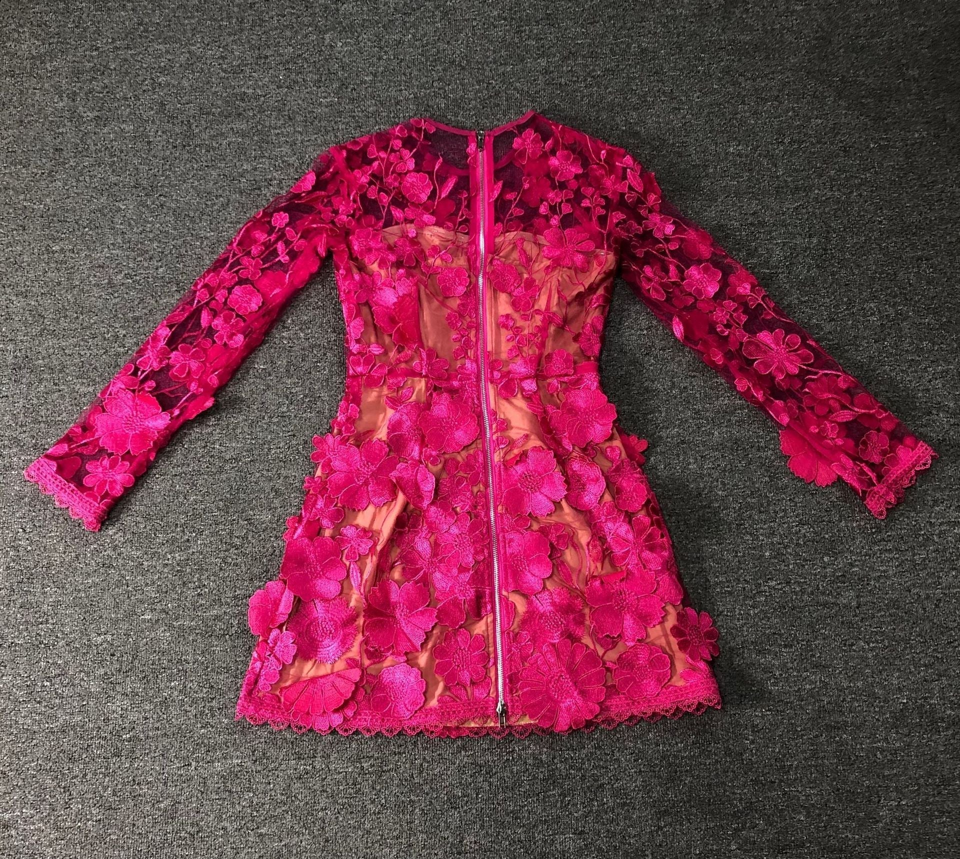 Rose red floral lace Long Sleeve Mini Dress