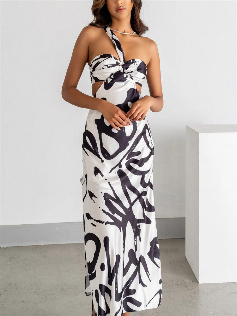 black and white contrasting abstract pattern side slit waistless dress