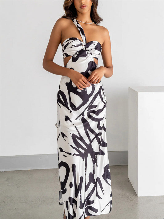 black and white contrasting abstract pattern side slit waistless dress