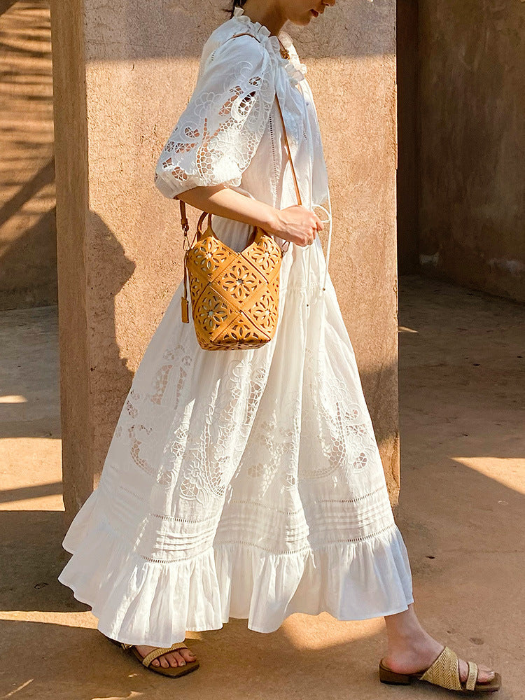 White Eyelet Lace Tiered Maxi Dress With Puff Sleeves