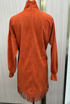 Flowering Girl Women Orange Corduroy Loose Tassel Hem High Collar Dress