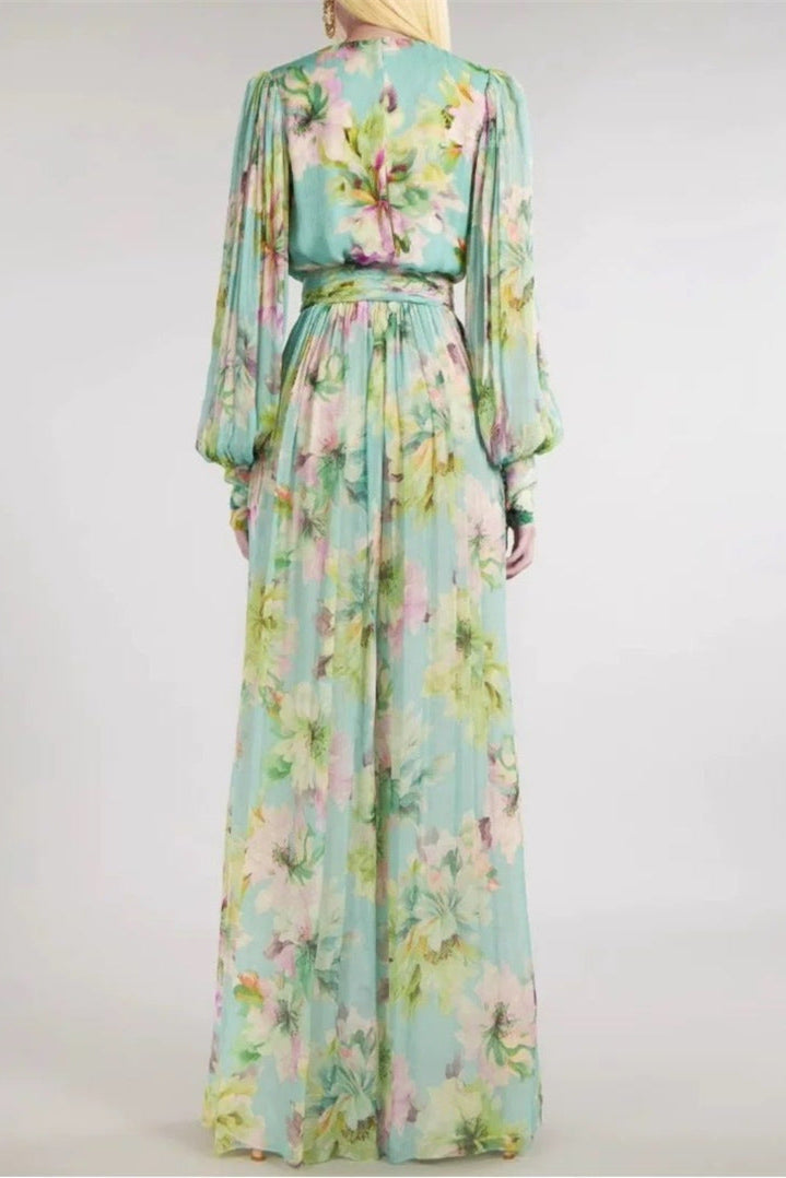 V Neck Floral Print Chiffon Maxi Dress In Green