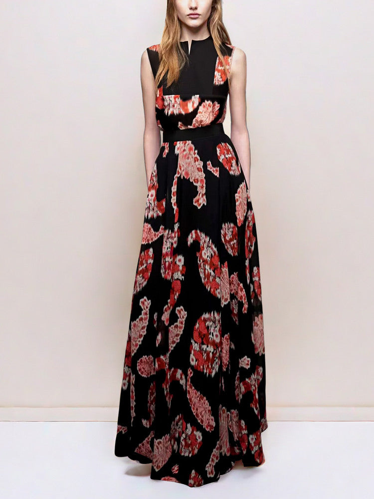 Black Printed  V-Neck Sleeveless Maxi Dress