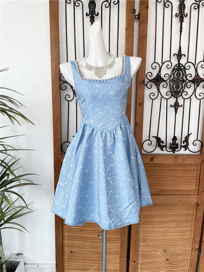 Beaded Square Neck Retro Jacquard Bow Strap Waist A-Line Mini Dress