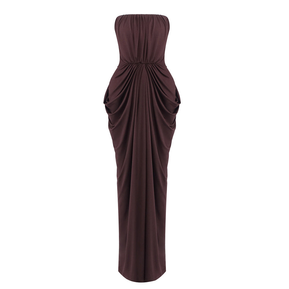 Simona Pleated Crepe Jersey Strapless Gown In Brown