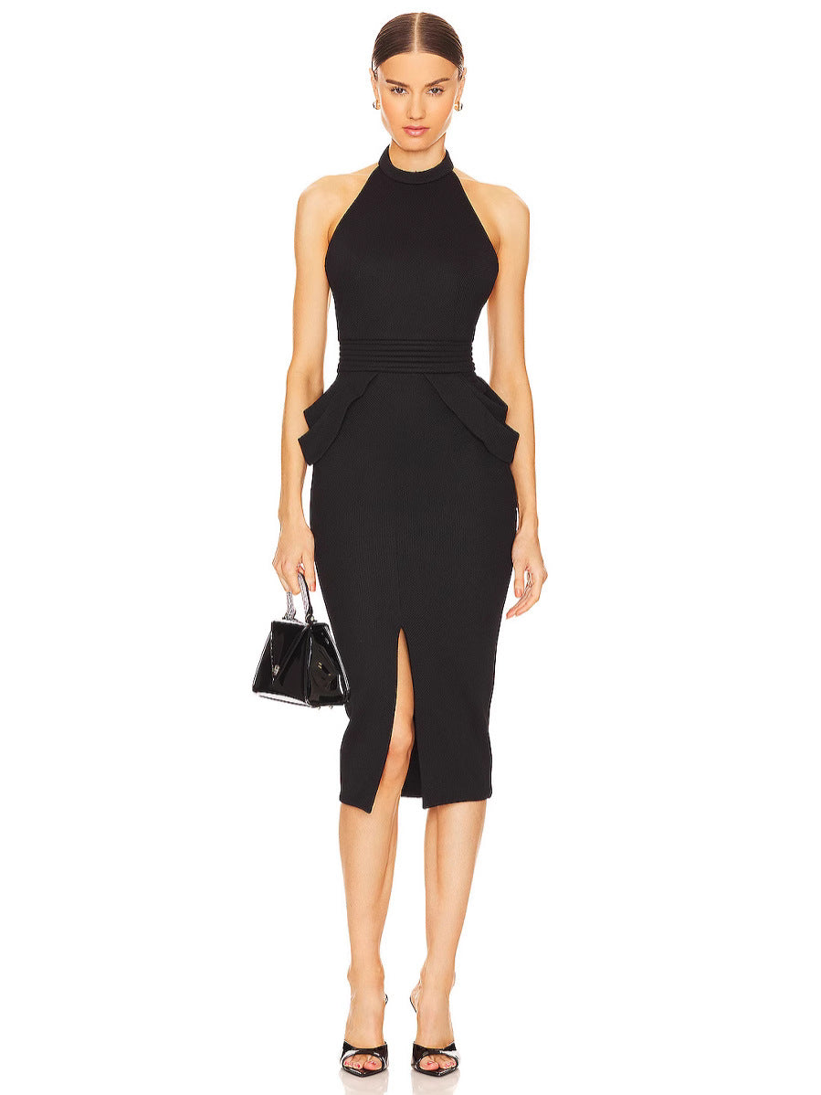 Flowering Girl Women Rise Textured Halter Midi Dress in black