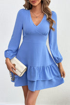 Flowering Girl Women Backless tie-up ruffle long-sleeved dress in blue