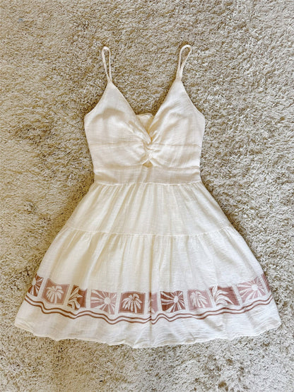 Twist Front Tropical Border Print Tiered Mini Dress