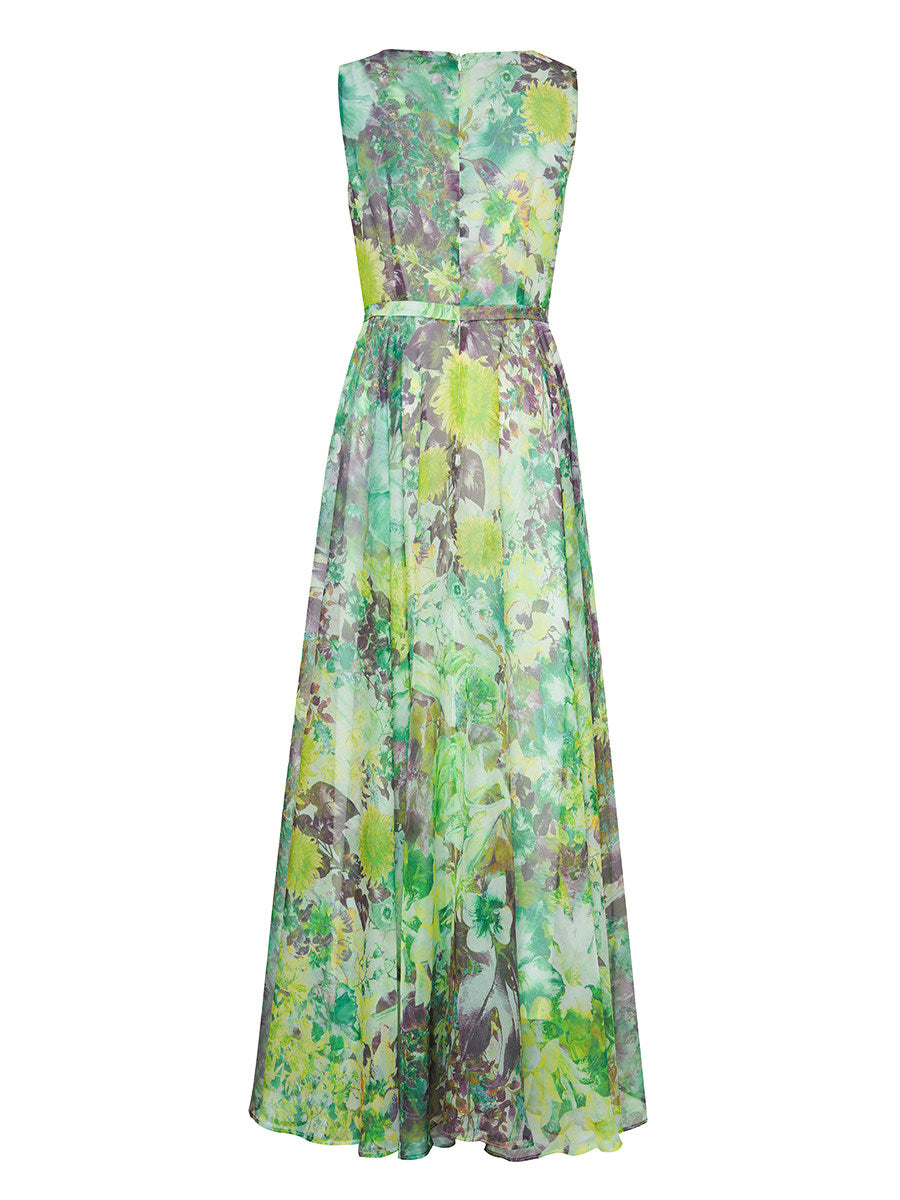 Green Flower Sleeveless Large Swing Maxi Dress