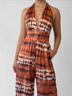 Flowering Girl Women Halter V-Neck Tie Dye Wide Leg Pocket Jumpsuit