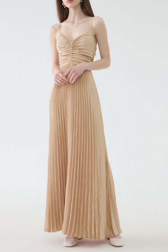 Deborah Pleated Slip Maxi Dress In Apricot