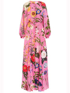 Pink Floral Print Single-Breasted Satin Maxi Dress