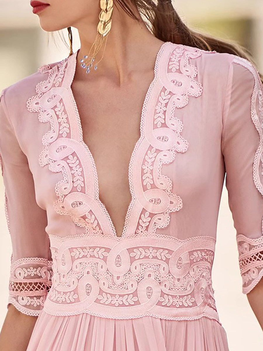 Blush Pink Lace-Trimmed V-Neck Maxi Dress