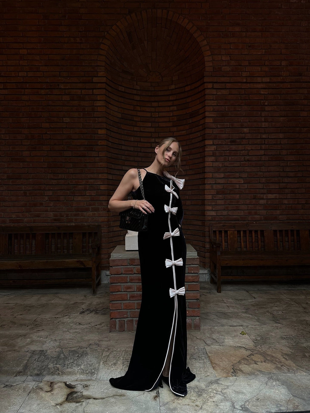victoria Bow Cascade Velvet Maxi Dress in black