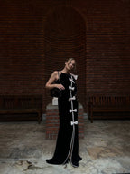 victoria Bow Cascade Velvet Maxi Dress in black