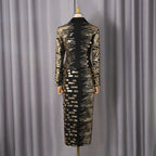 Flowering Girl Women High-Waisted Skirt Gold Sequin Print Blazer Suit In Black