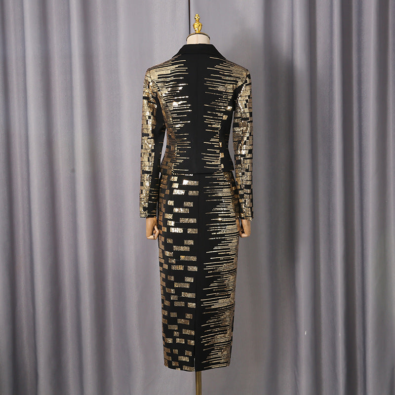 Flowering Girl Women High-Waisted Skirt Gold Sequin Print Blazer Suit In Black