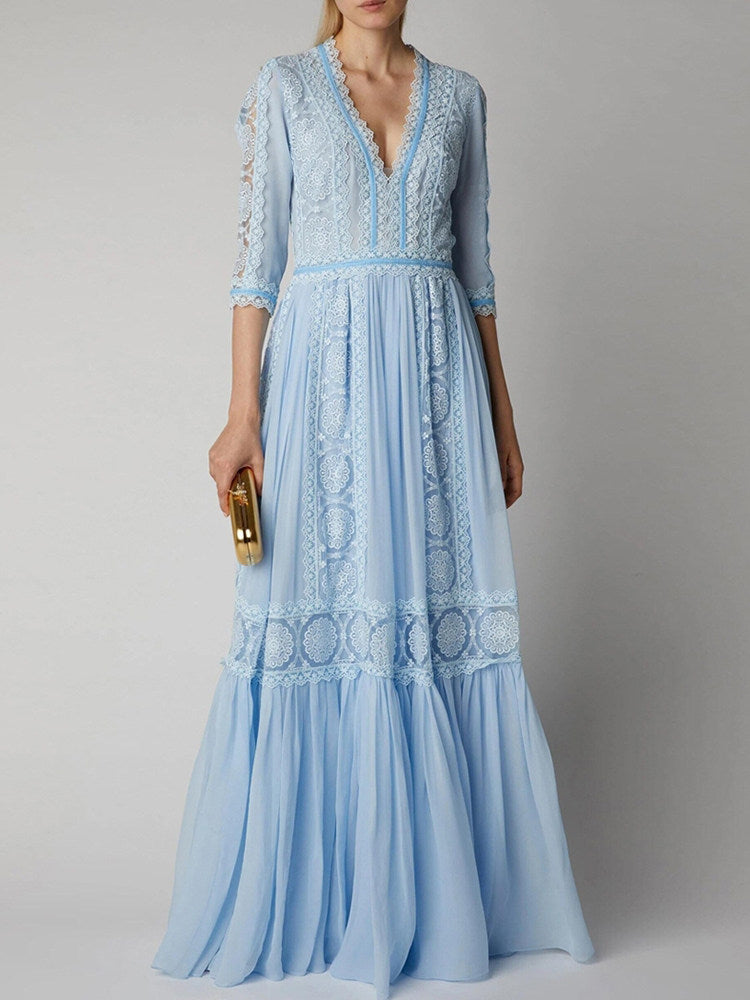 Blue V-Neck Lace Spliced Maxi Dress