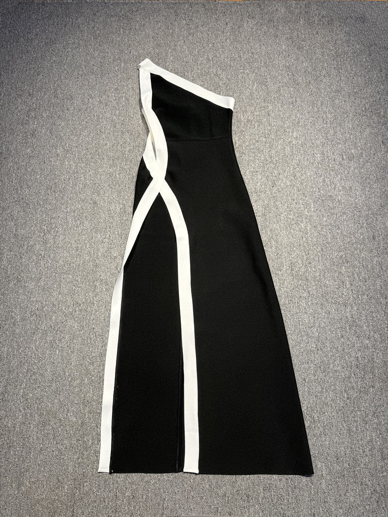 Stretch One Shoulder High Slit Maxi Dress In Black