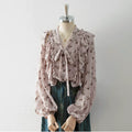Flowering Girl Women V-Neck Self-Tie Bow Ruffle Floral Print Puff Long Sleeve Blouse