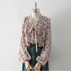 Flowering Girl Women V-Neck Self-Tie Bow Ruffle Floral Print Puff Long Sleeve Blouse