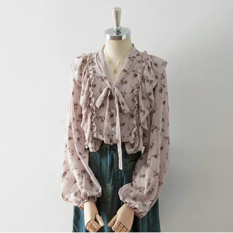 Flowering Girl Women V-Neck Self-Tie Bow Ruffle Floral Print Puff Long Sleeve Blouse