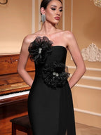 Venus 3d Flower Rhinestone Strapless Midi Dress In Black
