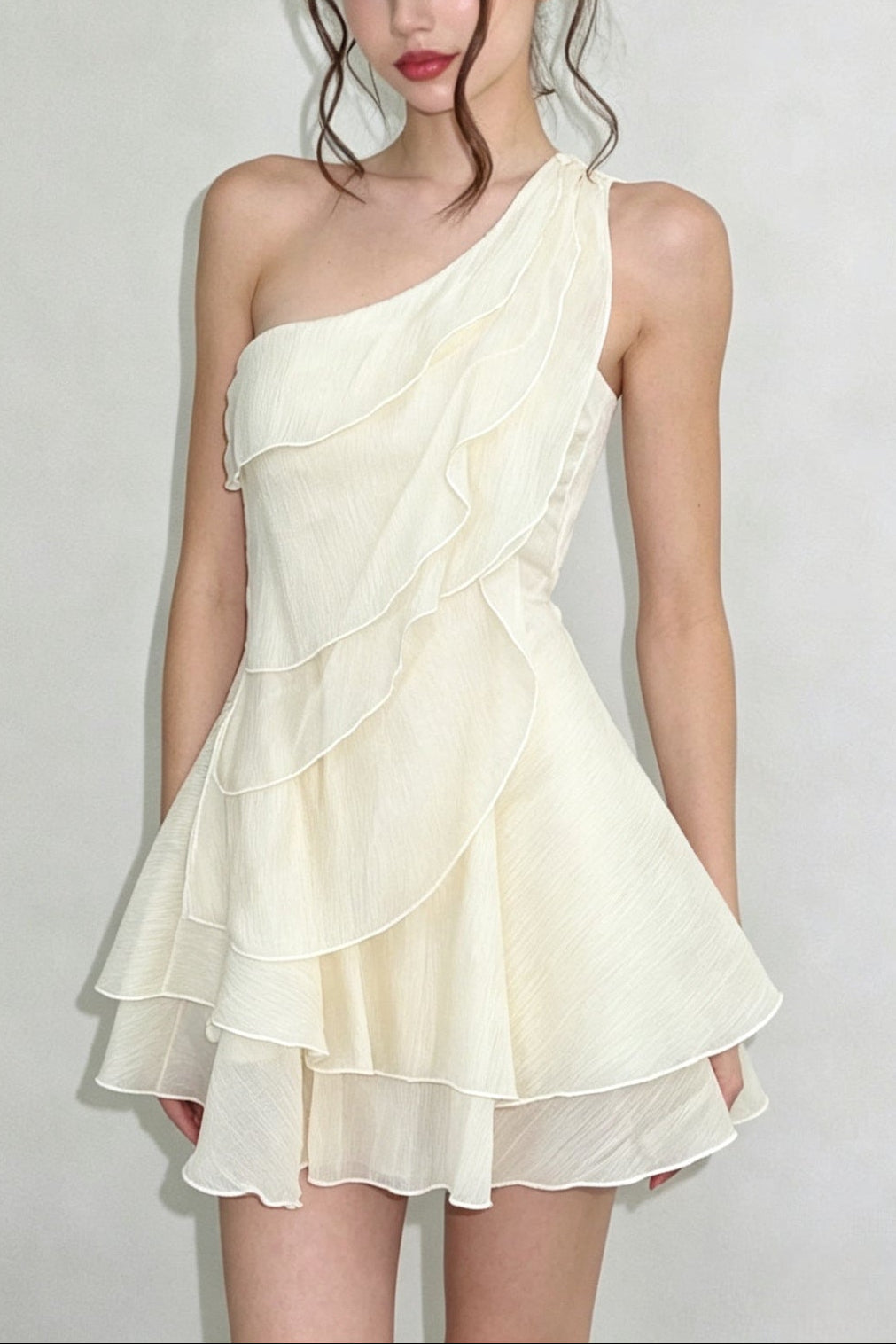 Flowering Girl Women evelyn One-shoulder layered ruffle mini dress - apricot