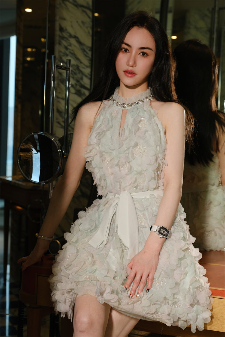 Pastel Green Ribbon Floral Wedding Guest Bridal Dress