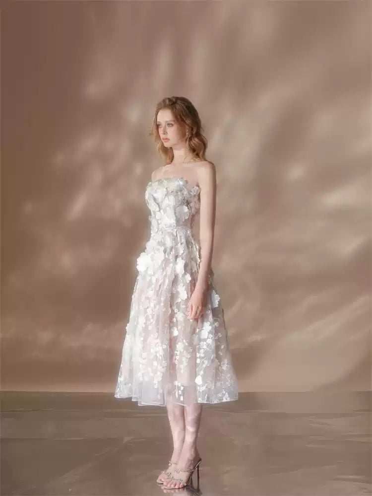 anna crystal floral embroidery midi dress in white