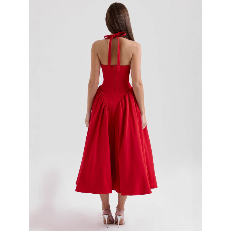 Flowering Girl Women Halter Deep V Flared Maxi Dress