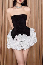 doris 3d flower Sequin Strapless Mini Dress in black