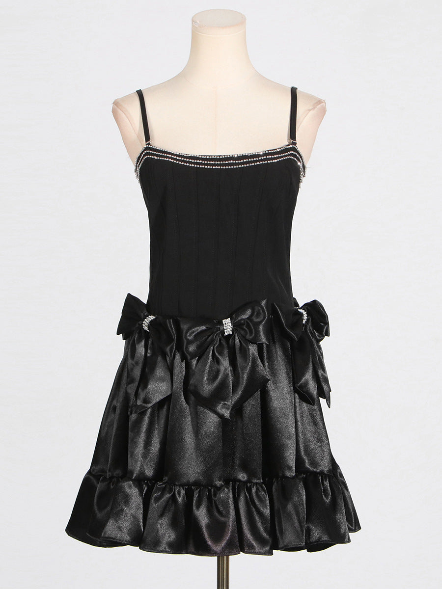 Flowering Girl Women Diamond bow mini dress in black