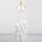 hazel white Deep V-neck halterneck layer ruffle trim maxi dress