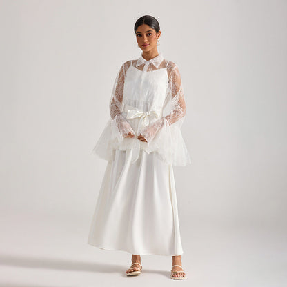Tiffany white lace bell-sleeve ruffle embroidered top maxi skirt set
