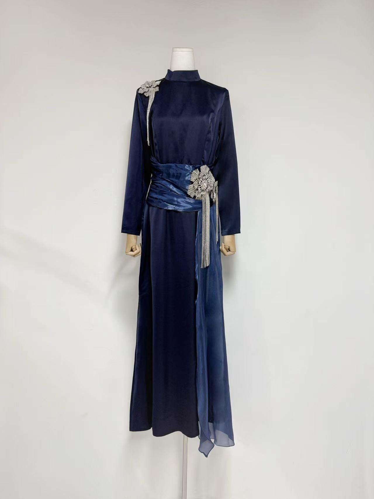 Crystal Flower Long-Sleeve Lace Pleated Maxi Dress In Blue