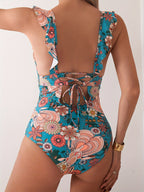 v-neck floral print Ruffle bikini