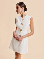 Flowering Girl Women Sleeveless Wavy Trim Gold Button Mini Dress
